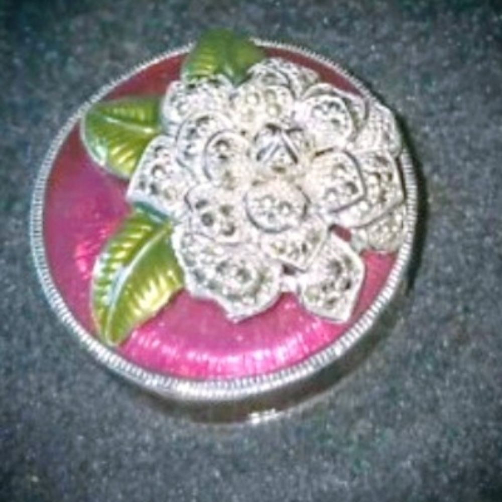 Authentic Judith Jack JJ Floral Trinket Box w/ Marcasites  Plum & Green Enamel